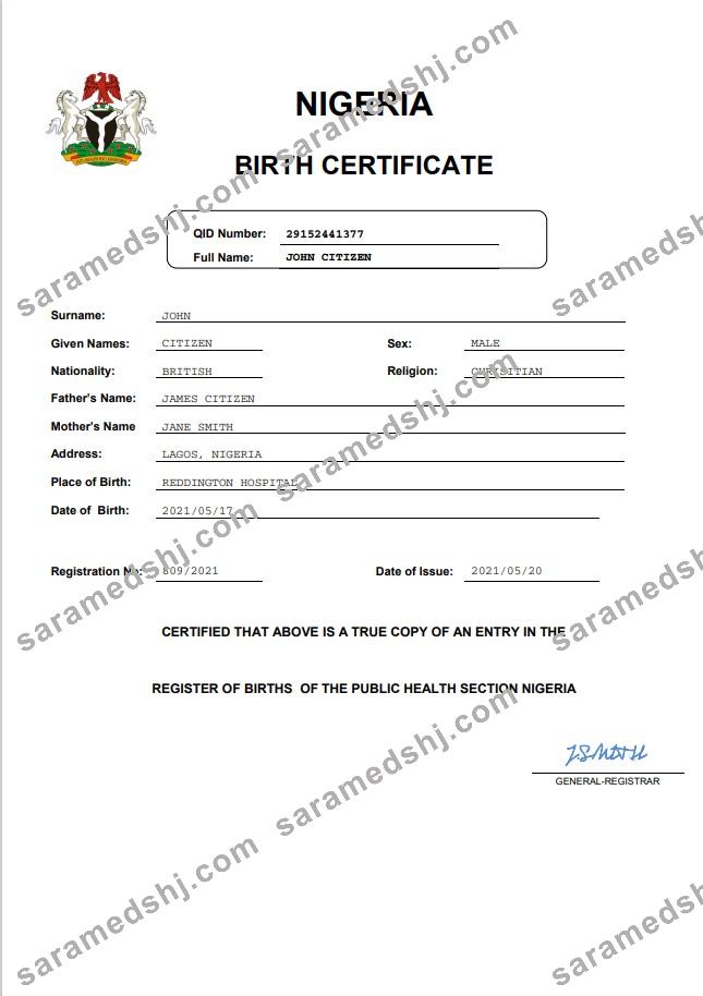 Nigeria vital record birth certificate template in Word and PDF format, completely editable